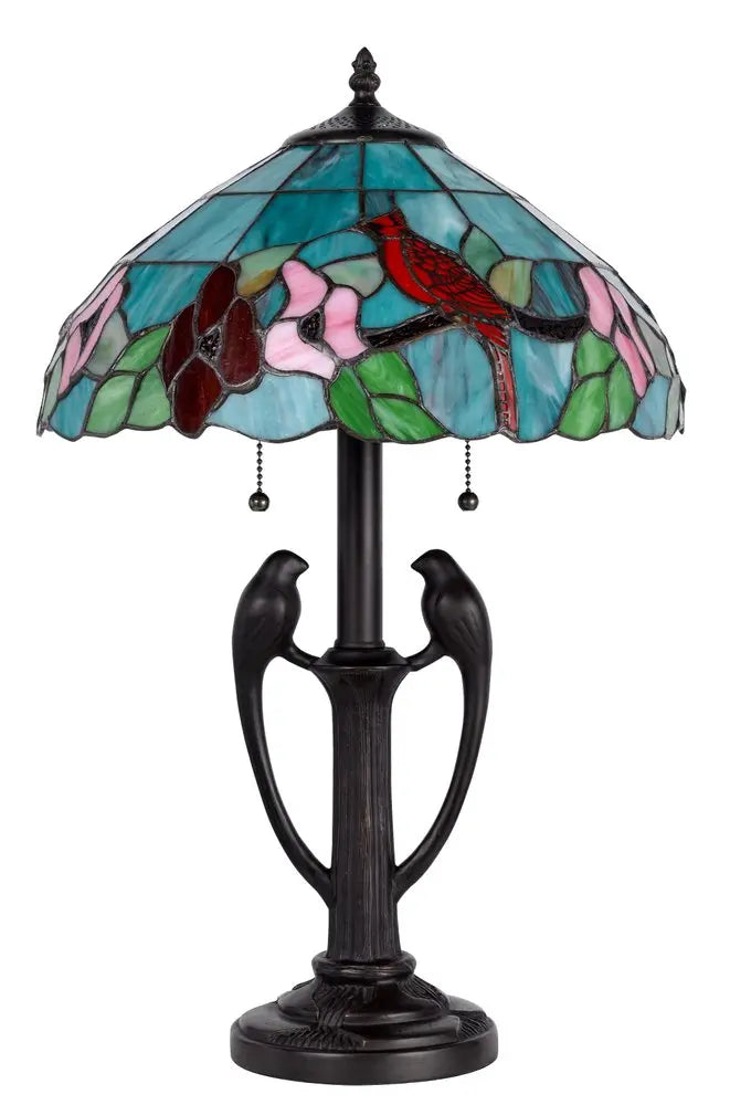 22" Bronze Two Light Tiffany Table Lamp With Aqua and Red Floral Shade HomeRoots
