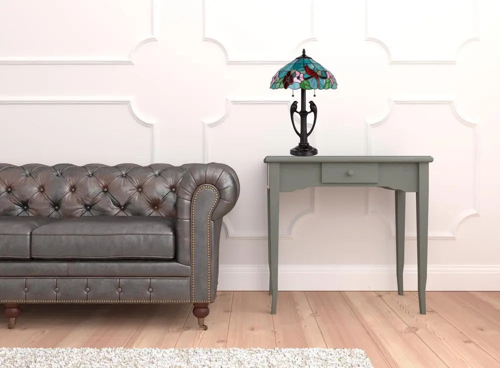 22" Bronze Two Light Tiffany Table Lamp With Aqua and Red Floral Shade HomeRoots