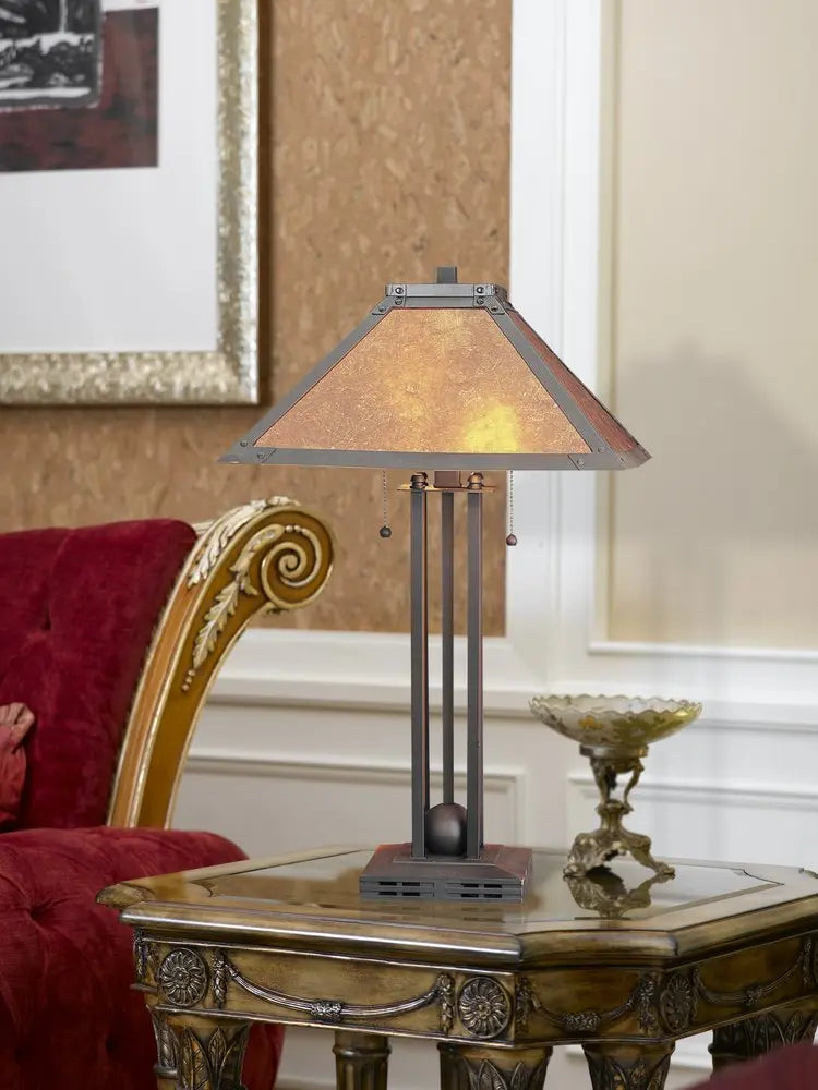 25" Gray Metal Two Light Cylinder Table Lamp With Amber Square Shade HomeRoots