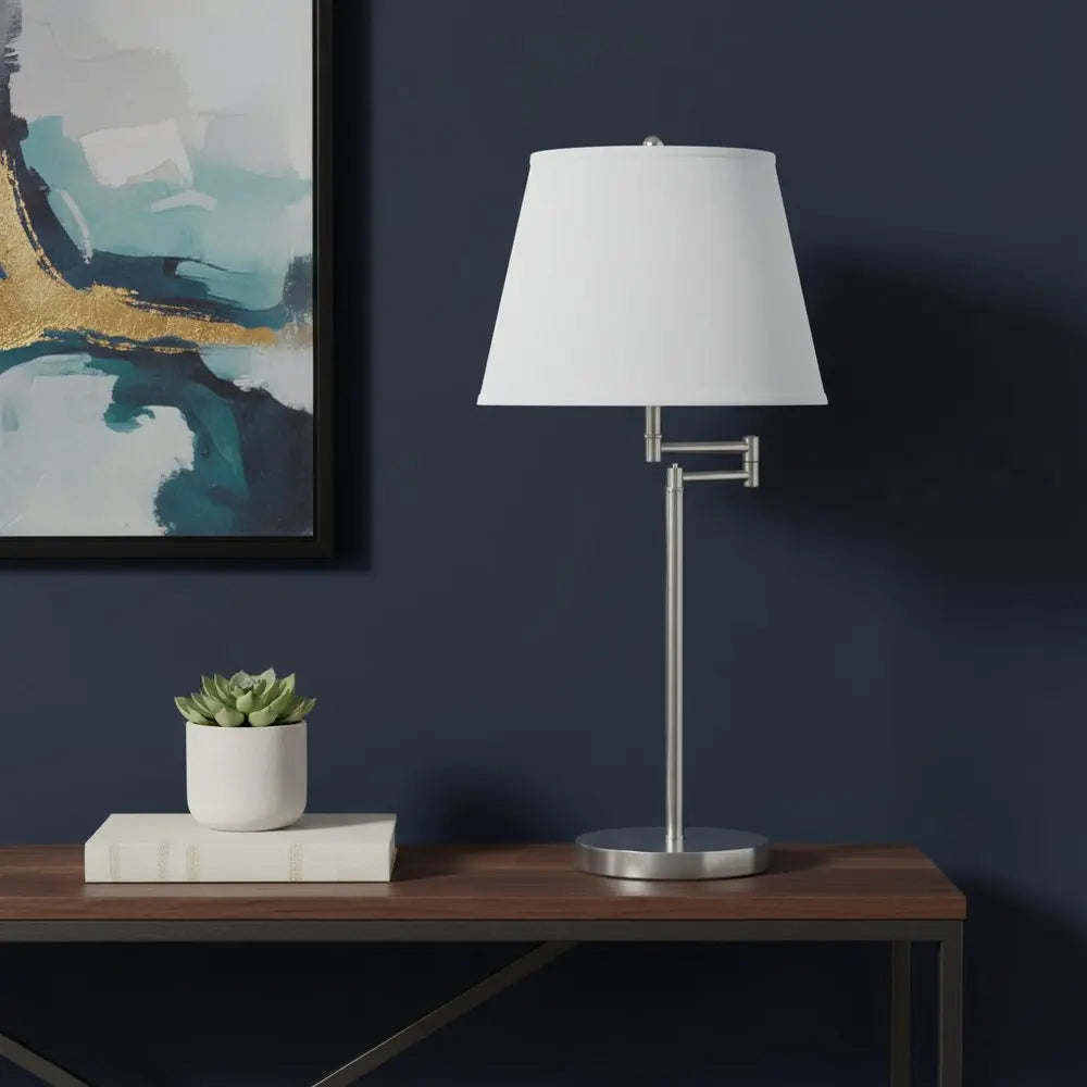 28" Nickel Metal Table Lamp With Off White Empire Shade HomeRoots