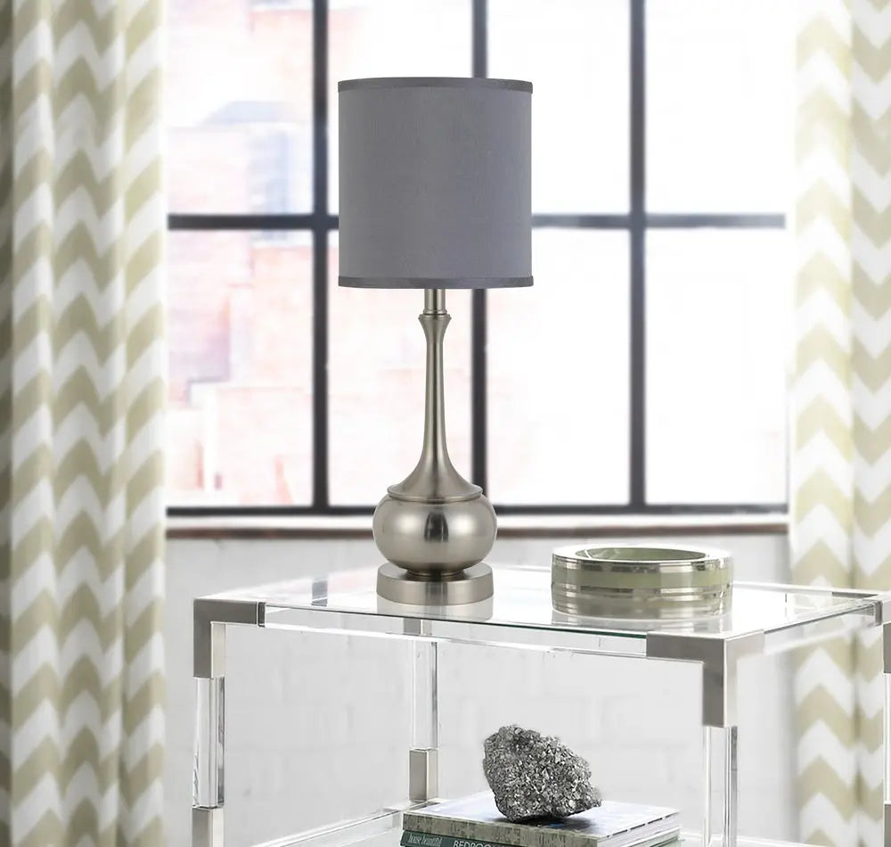 25" Nickel Metal Round Table Lamp With Gray Cone Shade HomeRoots