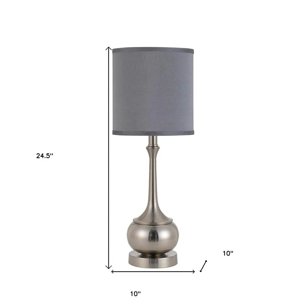 25" Nickel Metal Round Table Lamp With Gray Cone Shade HomeRoots