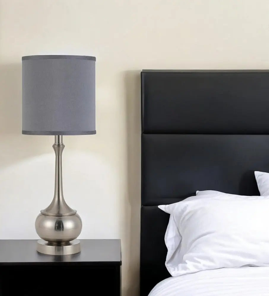 25" Nickel Metal Round Table Lamp With Gray Cone Shade HomeRoots