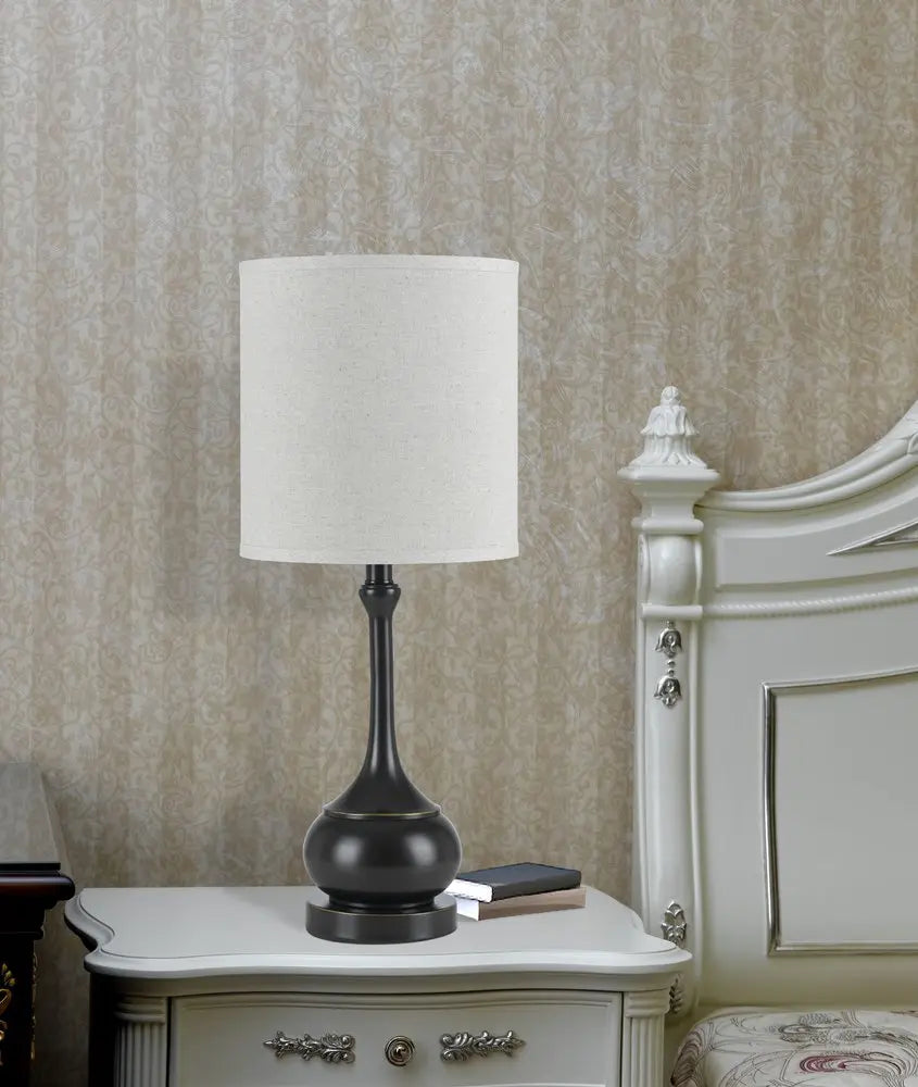 25" Blackened Bronze Metal Round Table Lamp With Off White Drum Shade HomeRoots
