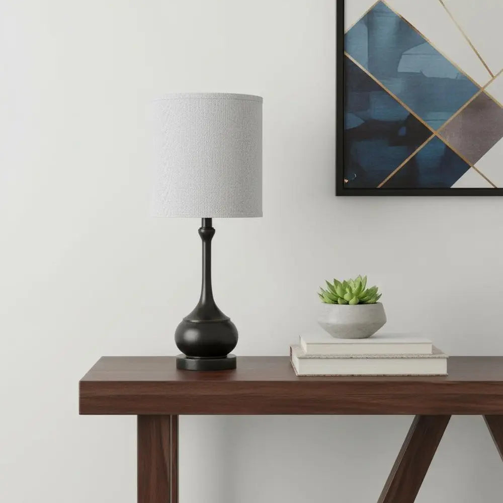 25" Blackened Bronze Metal Round Table Lamp With Off White Drum Shade HomeRoots