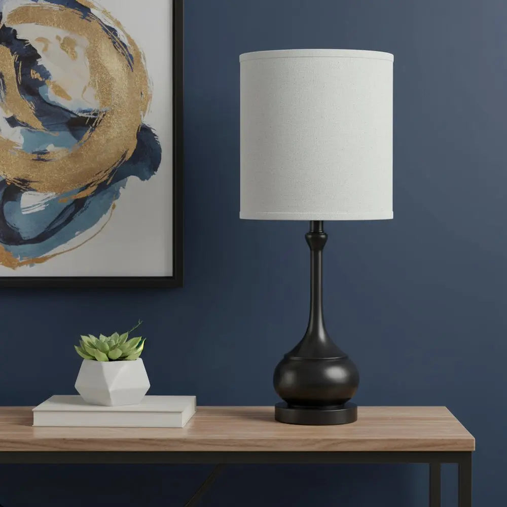 25" Blackened Bronze Metal Round Table Lamp With Off White Drum Shade HomeRoots