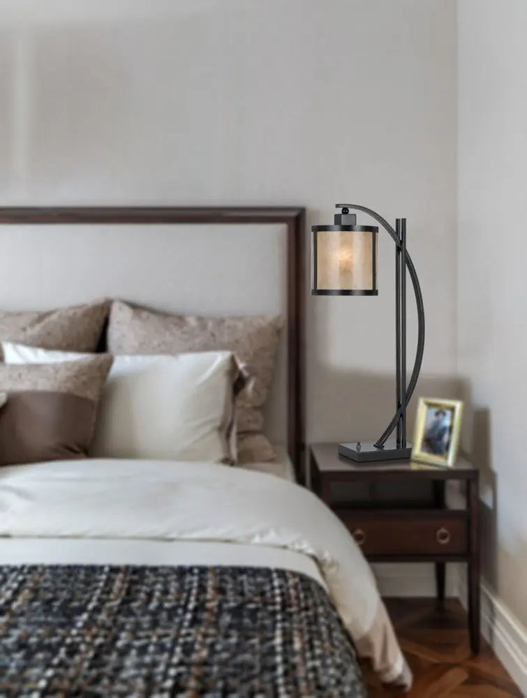 26" Black Metal Lantern Table Lamp With White Drum Shade HomeRoots