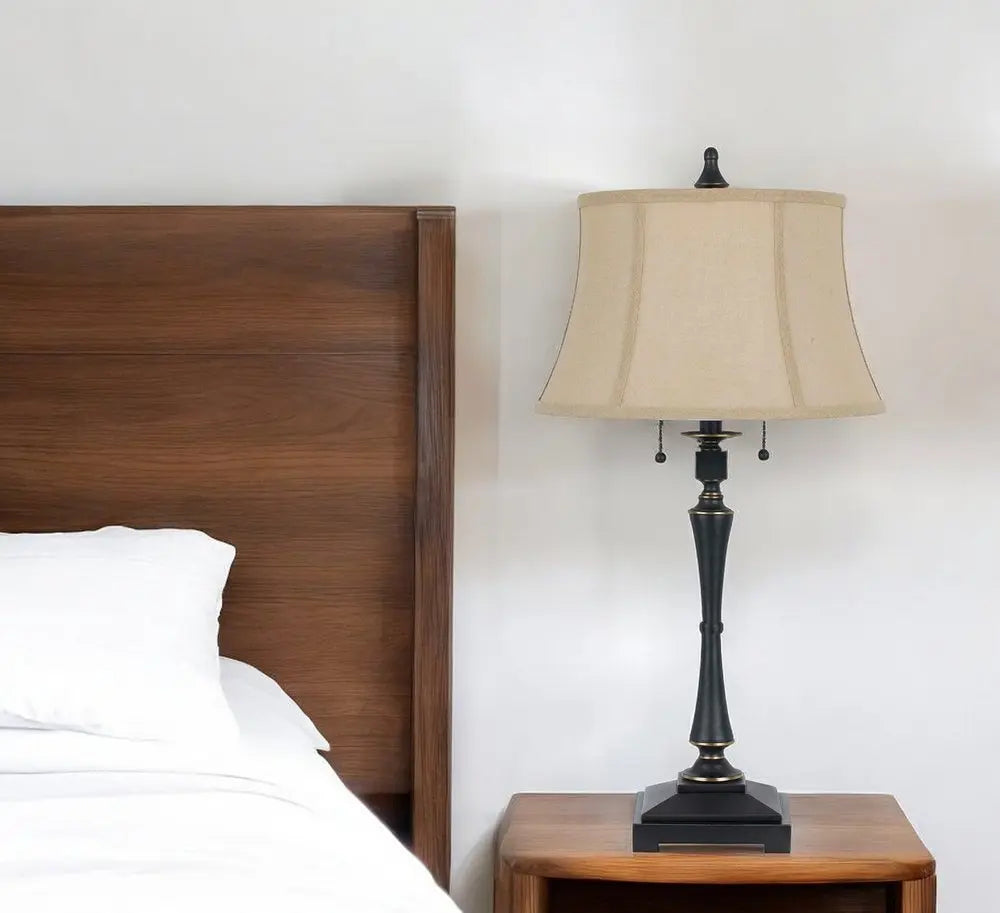 31" Black Metal Two Light Candlestick Table Lamp With Beige Empire Shade HomeRoots