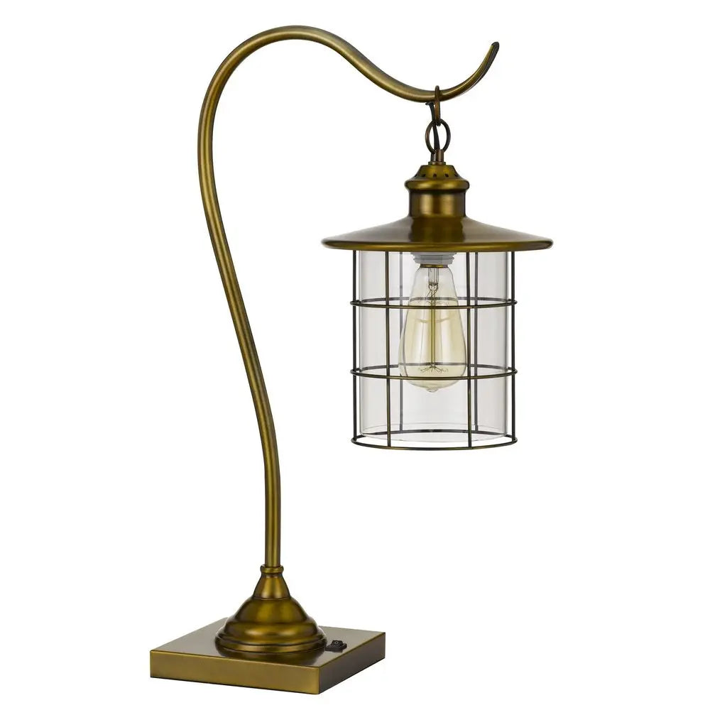 25" Antiqued Brass Metal Lantern Desk Lamp With Antiqued Brass Drum Shade HomeRoots