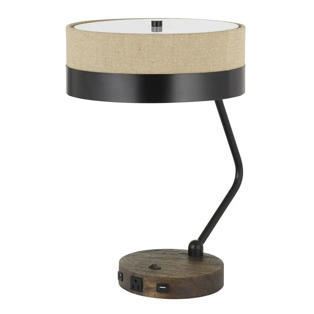 20" Black And Brown Wood And Metal Two Light USB Table Lamp With Beige And Black Shade HomeRoots