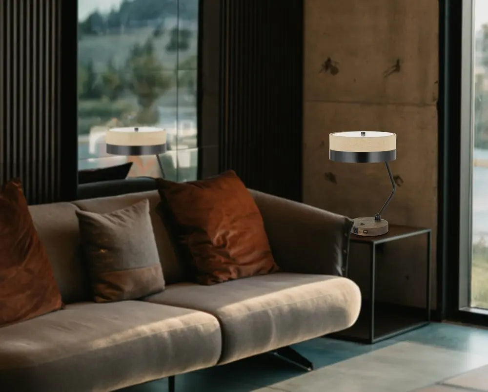 20" Black And Brown Wood And Metal Two Light USB Table Lamp With Beige And Black Shade HomeRoots