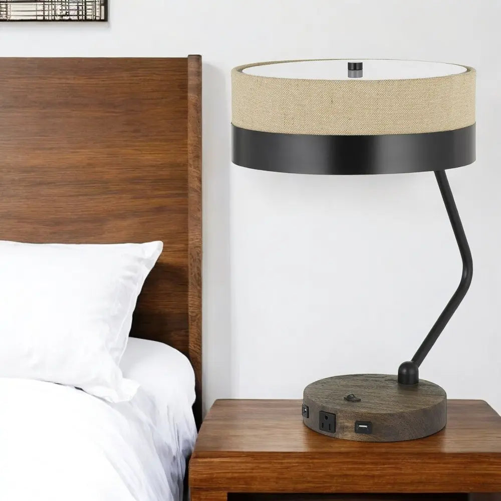 20" Black And Brown Wood And Metal Two Light USB Table Lamp With Beige And Black Shade HomeRoots