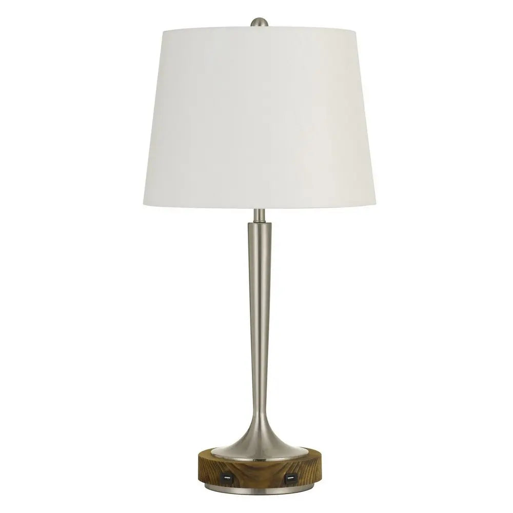 29" Nickel Metal Usb Table Lamp With Off White Empire Shade HomeRoots