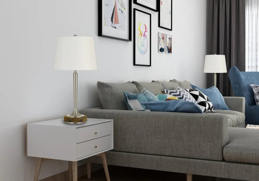 29" Nickel Metal Usb Table Lamp With Off White Empire Shade HomeRoots