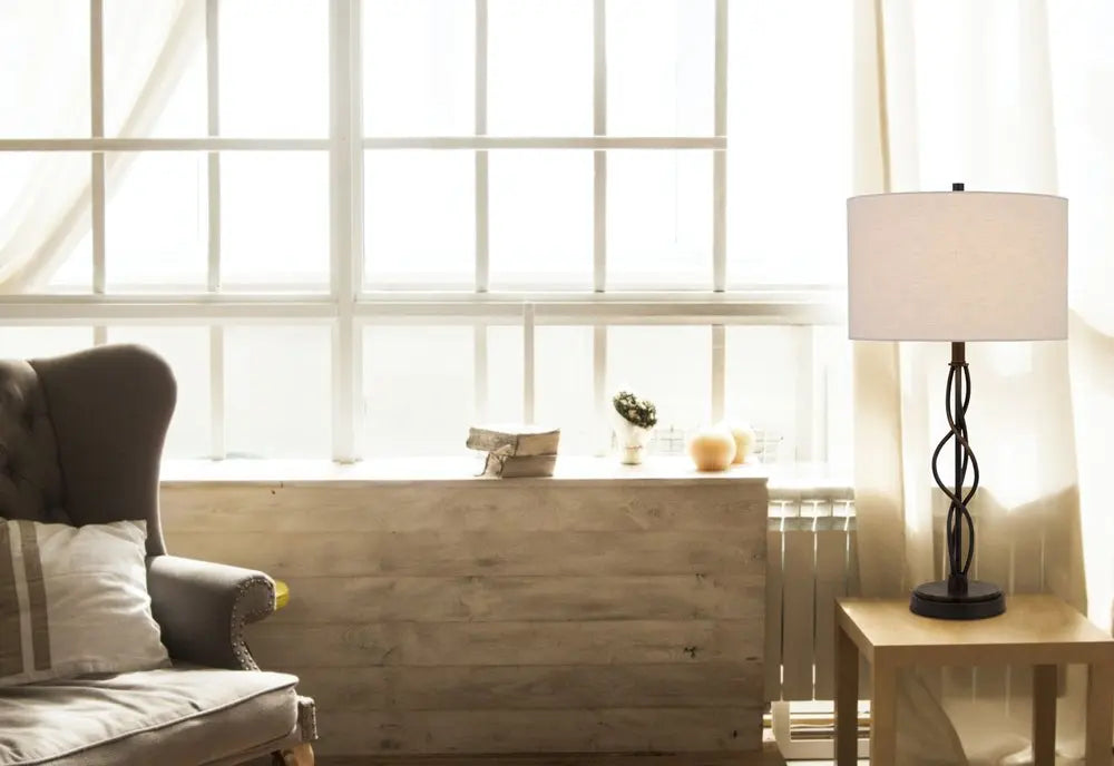 30" Black Metal Candlestick Table Lamp With Off White Drum Shade HomeRoots