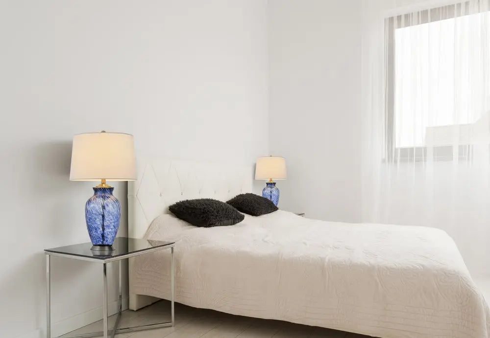 28" Blue Swirl Glass Table Lamp With White Empire Shade HomeRoots