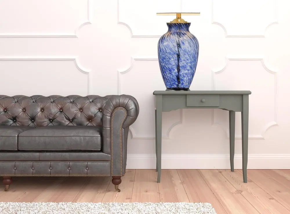 28" Blue Swirl Glass Table Lamp With White Empire Shade HomeRoots