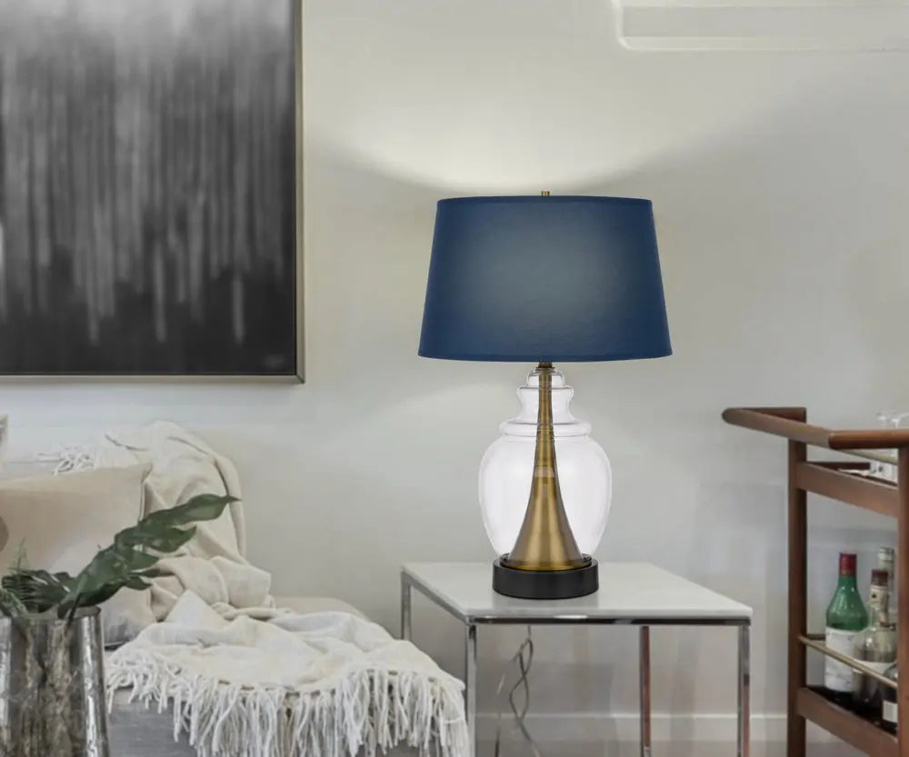 30" Black Metal Urn Table Lamp With Navy Blue Empire Shade HomeRoots