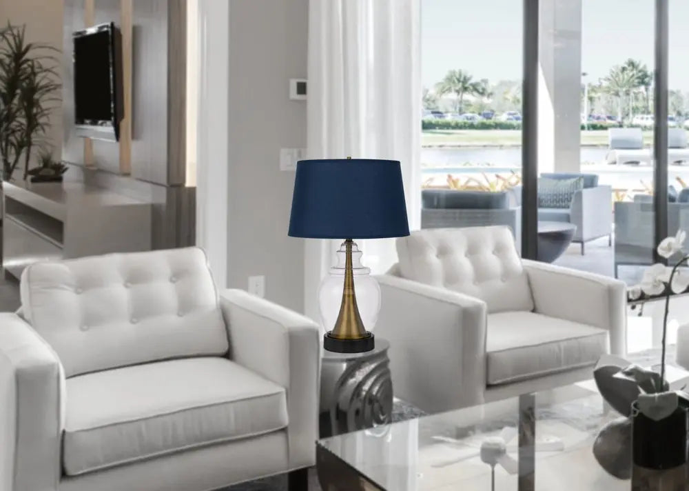 30" Black Metal Urn Table Lamp With Navy Blue Empire Shade HomeRoots