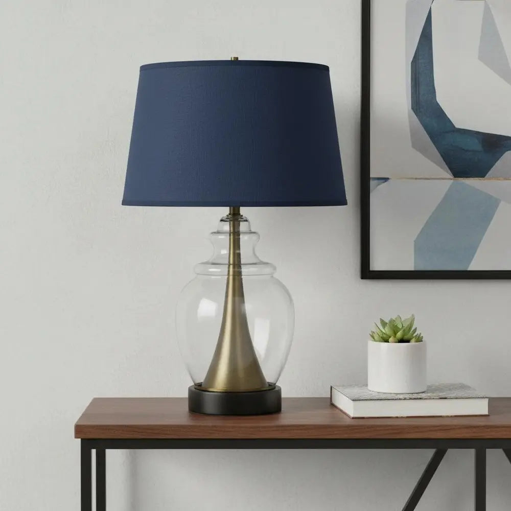 30" Black Metal Urn Table Lamp With Navy Blue Empire Shade HomeRoots