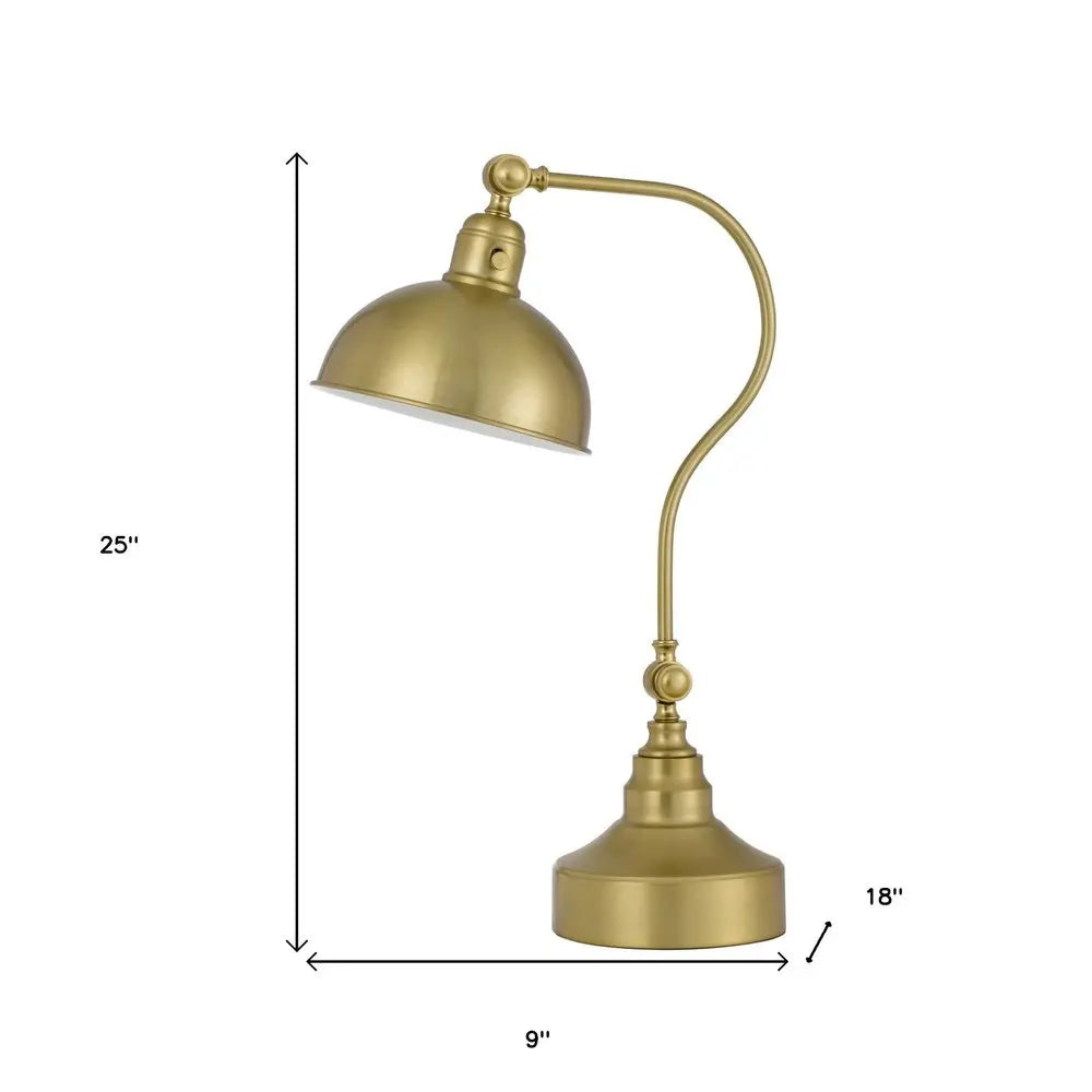 25" Antiqued Brass Metal Lantern Desk Lamp With Antiqued Brass Dome Shade HomeRoots