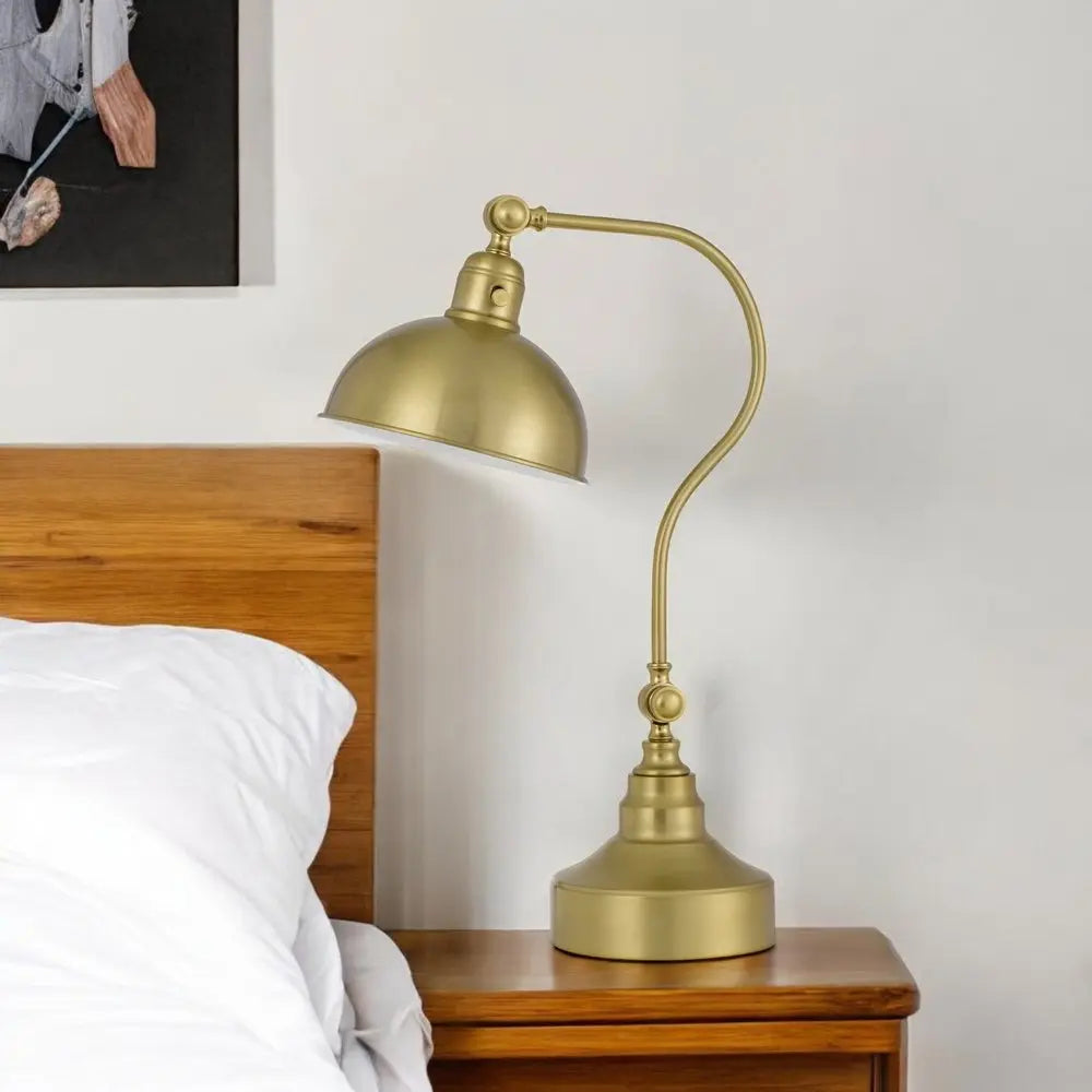 25" Antiqued Brass Metal Lantern Desk Lamp With Antiqued Brass Dome Shade HomeRoots