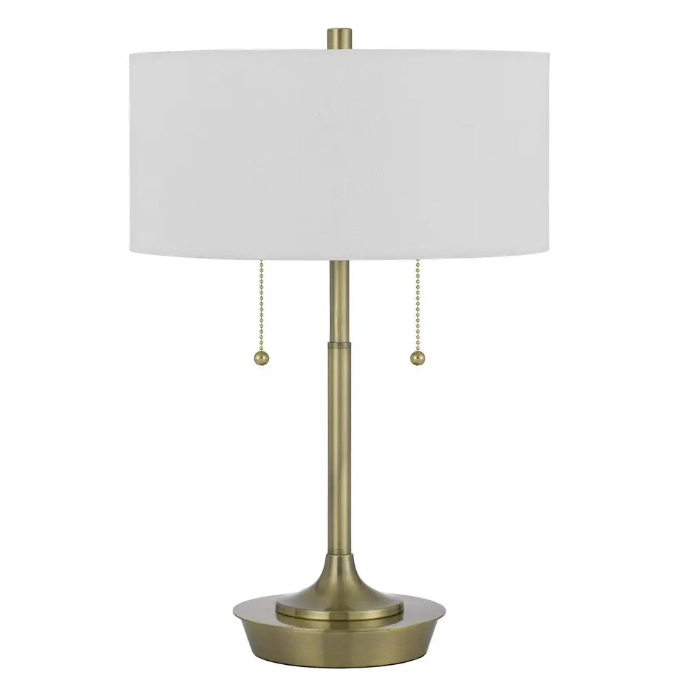20" Antiqued Brass Metal Two Light Table Lamp With White Drum Shade HomeRoots