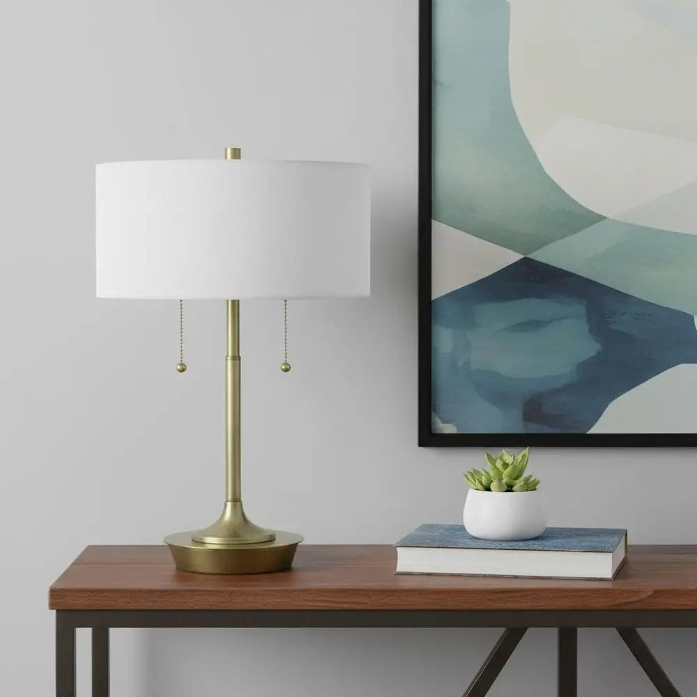 20" Antiqued Brass Metal Two Light Table Lamp With White Drum Shade HomeRoots