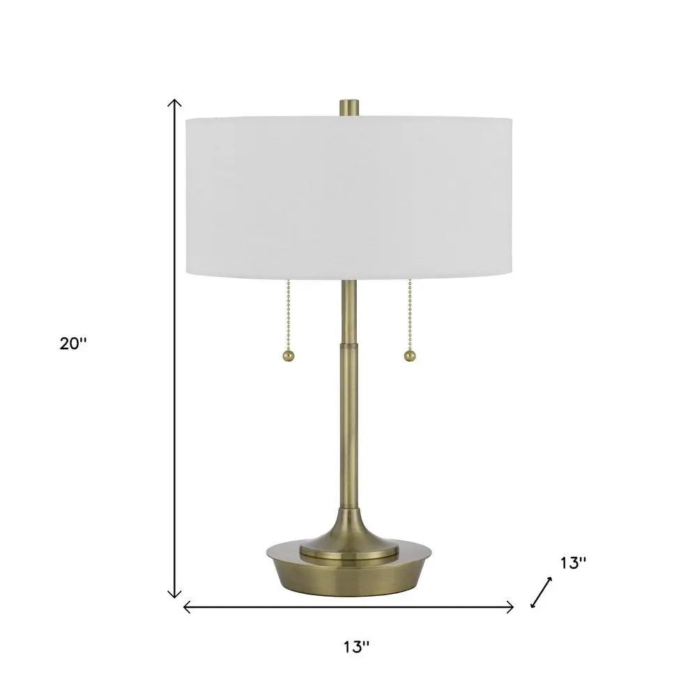 20" Antiqued Brass Metal Two Light Table Lamp With White Drum Shade HomeRoots