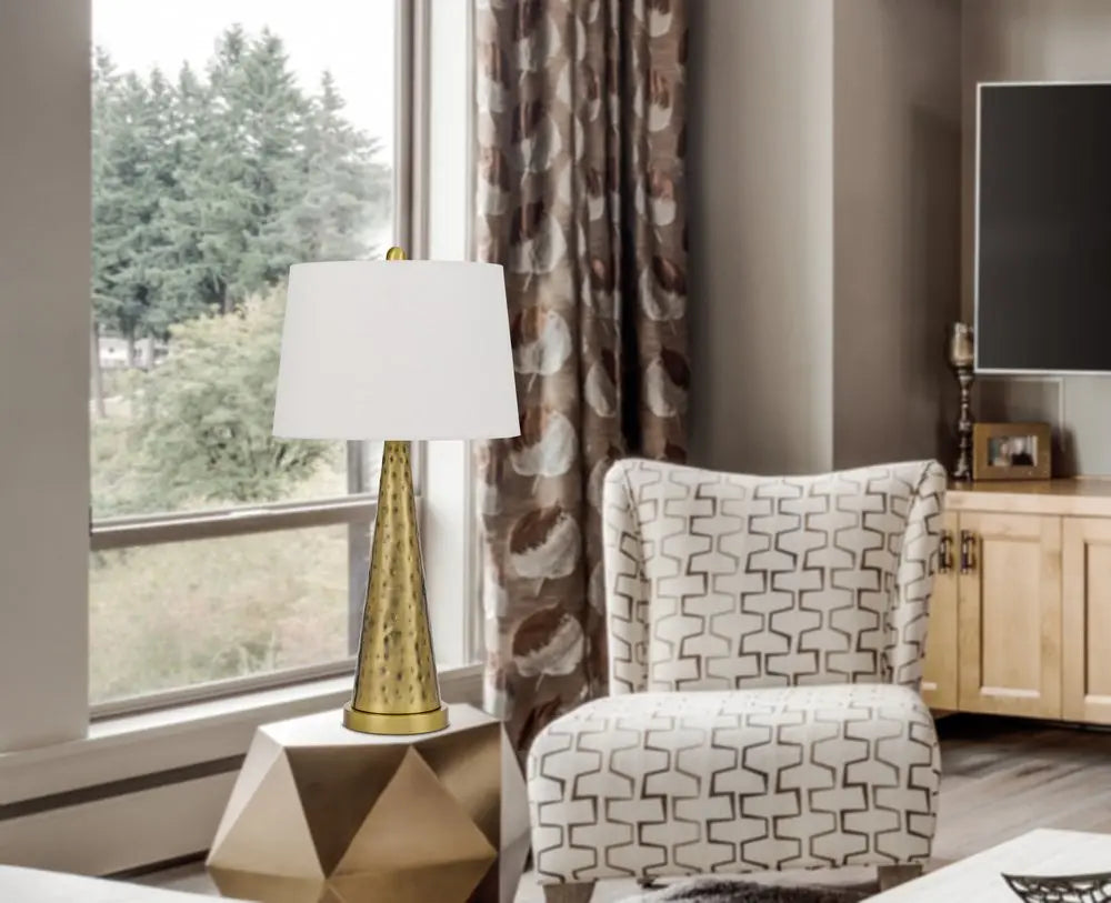 27" Antiqued Brass Metal Geometric Table Lamp With White Empire Shade HomeRoots