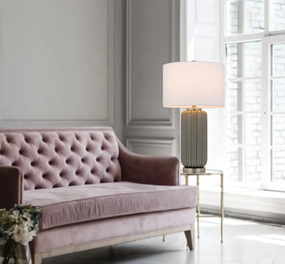 29" Gray Metal Cylinder Table Lamp With White Drum Shade HomeRoots