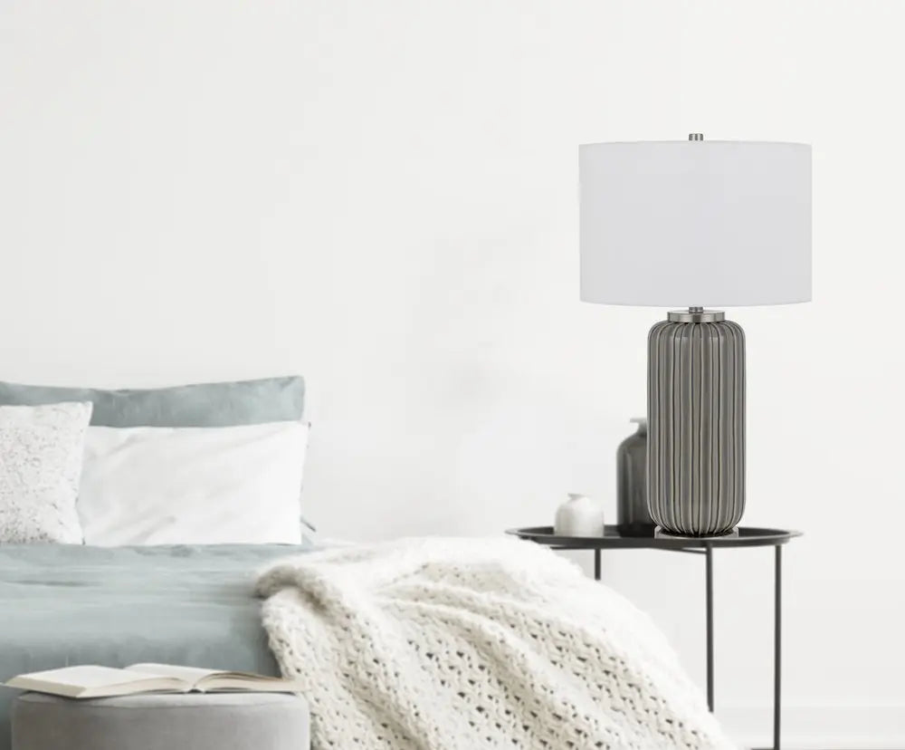 29" Gray Metal Cylinder Table Lamp With White Drum Shade HomeRoots