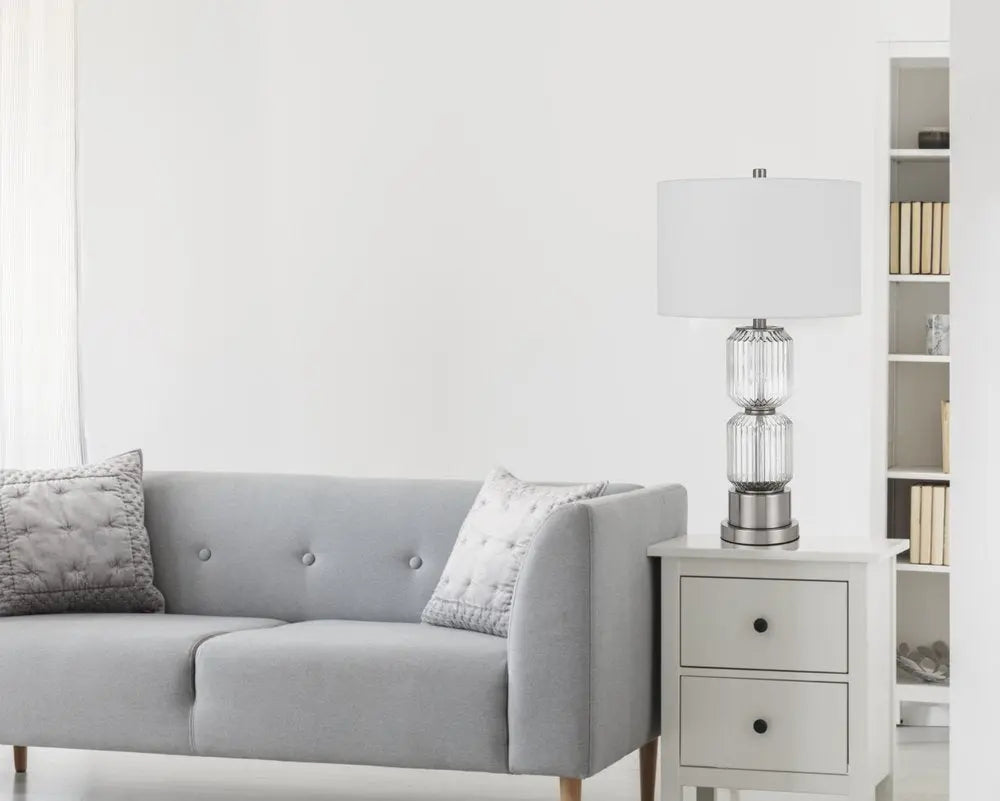 28" Nickel Metal Table Lamp With White Drum Shade HomeRoots