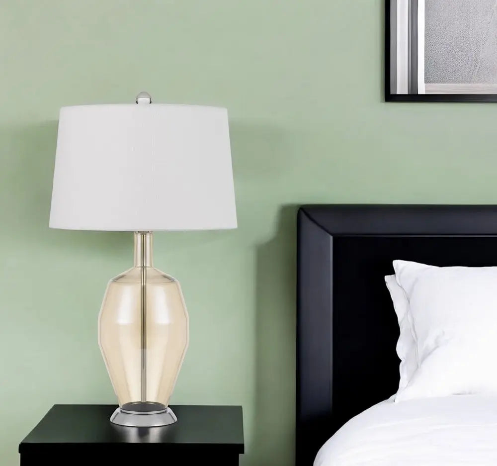 29" Nickel Metal Round Table Lamp With White Drum Shade HomeRoots