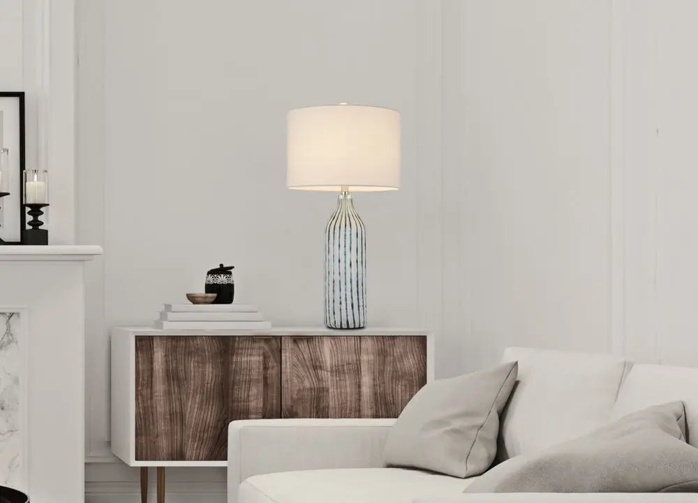 30" Gray And Aqua Glass Table Lamp With White Drum Shade HomeRoots