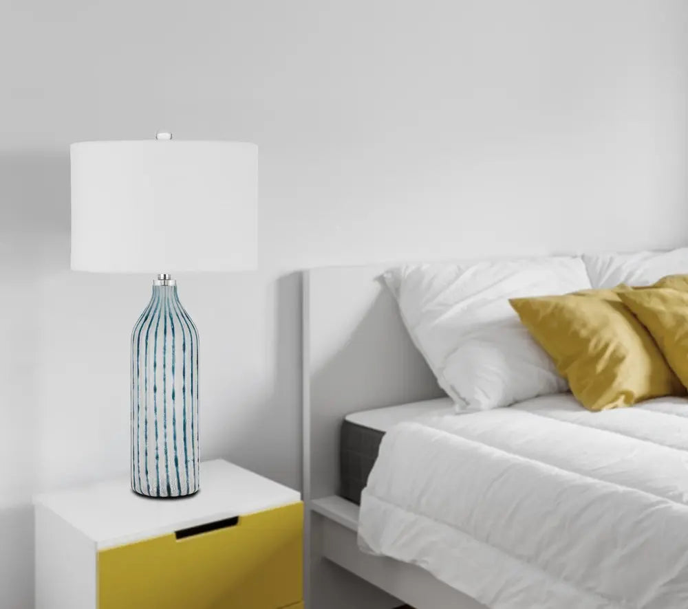 30" Gray And Aqua Glass Table Lamp With White Drum Shade HomeRoots