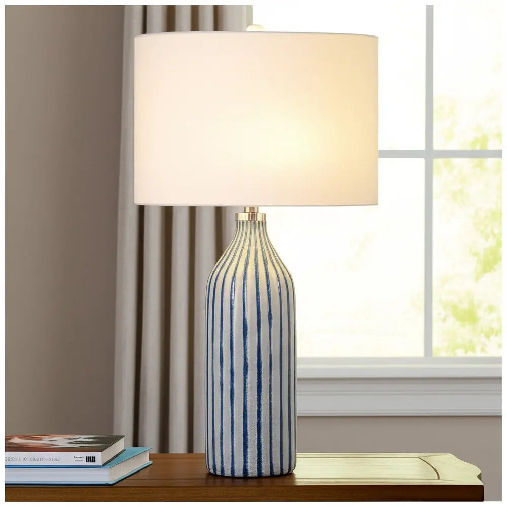 30" Gray And Aqua Glass Table Lamp With White Drum Shade HomeRoots