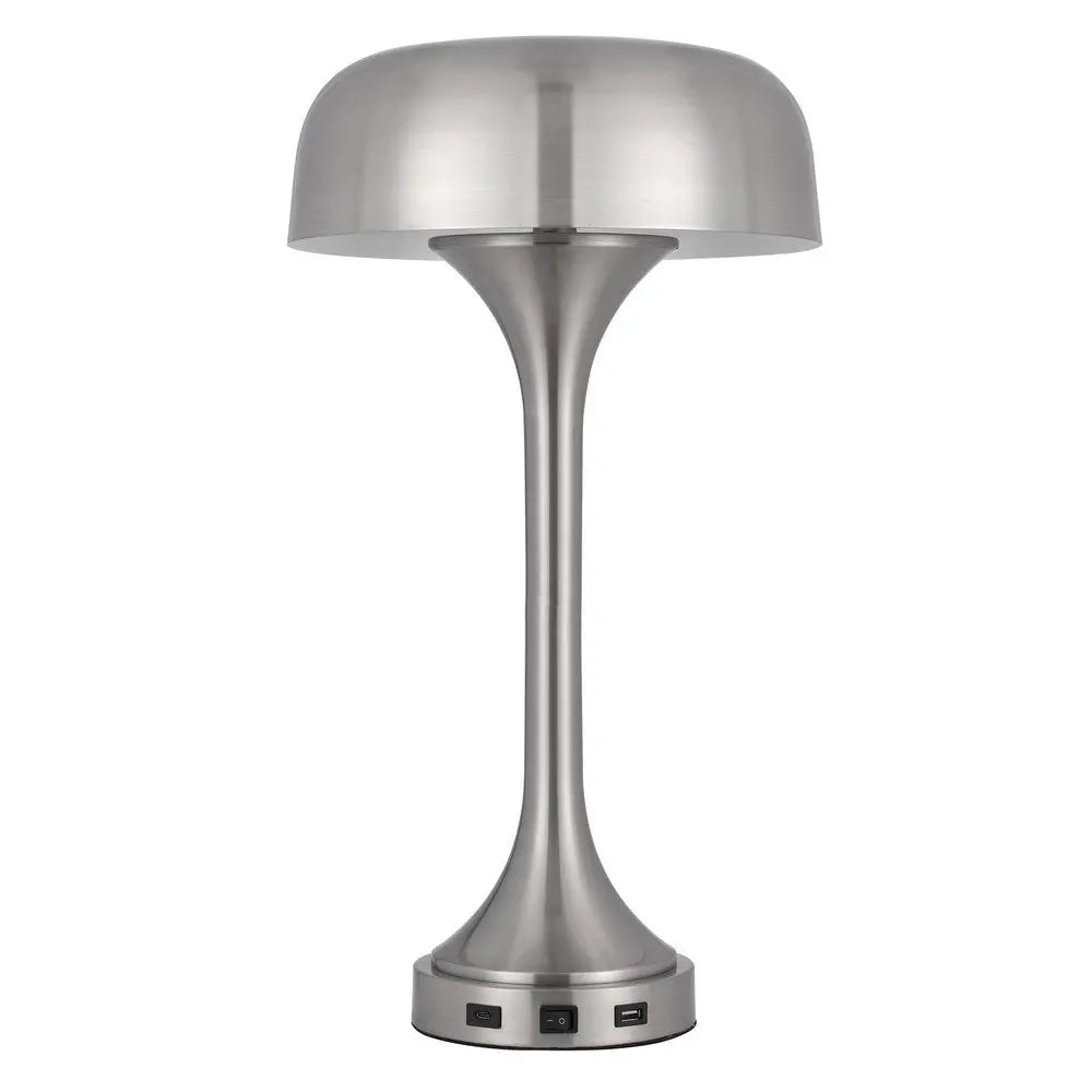 22" Nickel Metal Two Light Usb Table Lamp With Nickel Dome Shade HomeRoots