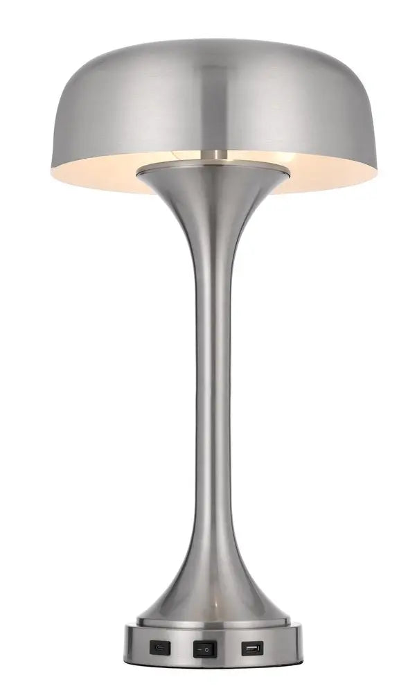 22" Nickel Metal Two Light Usb Table Lamp With Nickel Dome Shade HomeRoots