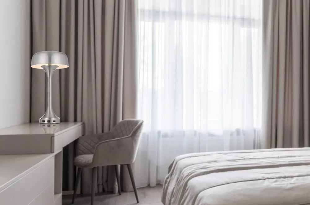 22" Nickel Metal Two Light Usb Table Lamp With Nickel Dome Shade HomeRoots