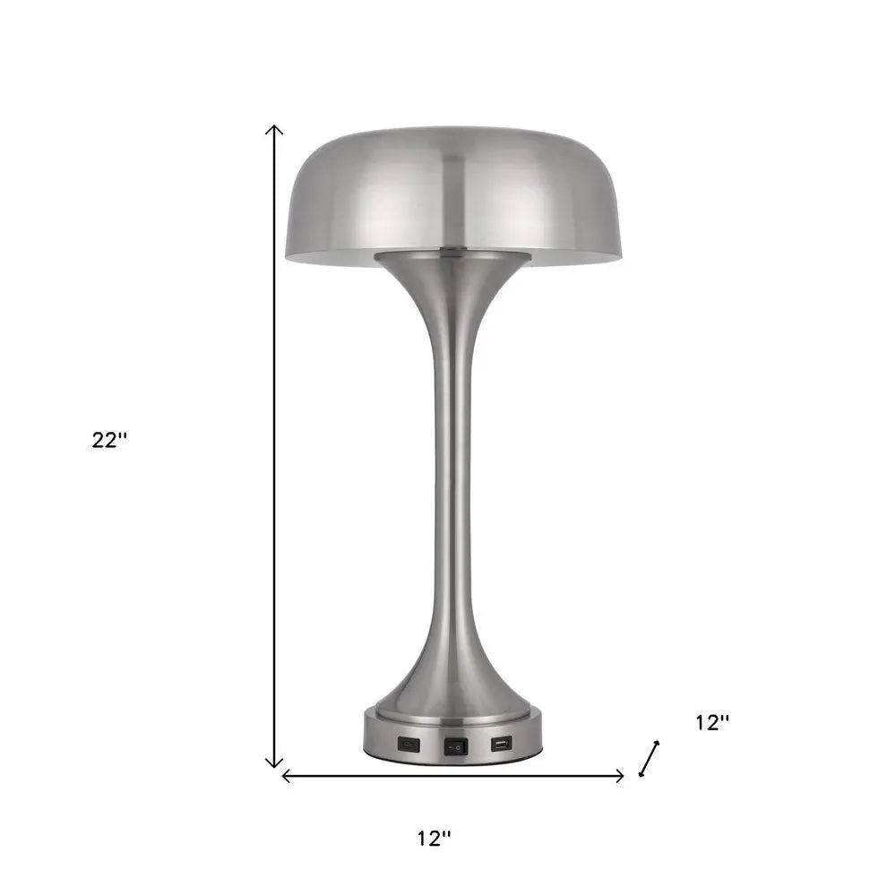 22" Nickel Metal Two Light Usb Table Lamp With Nickel Dome Shade HomeRoots