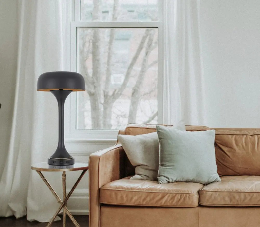 22" Black Metal Two Light Novelty USB Table Lamp With Black Dome Shade HomeRoots