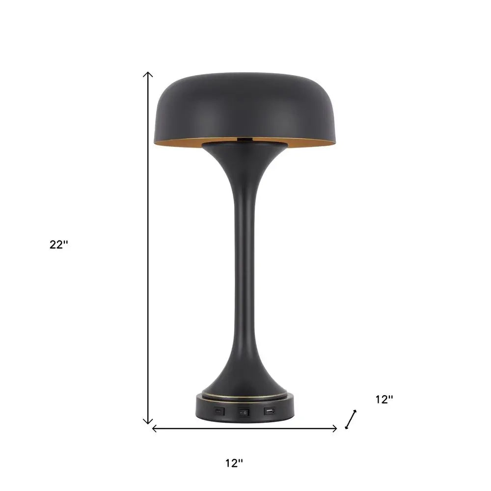 22" Black Metal Two Light Novelty USB Table Lamp With Black Dome Shade HomeRoots