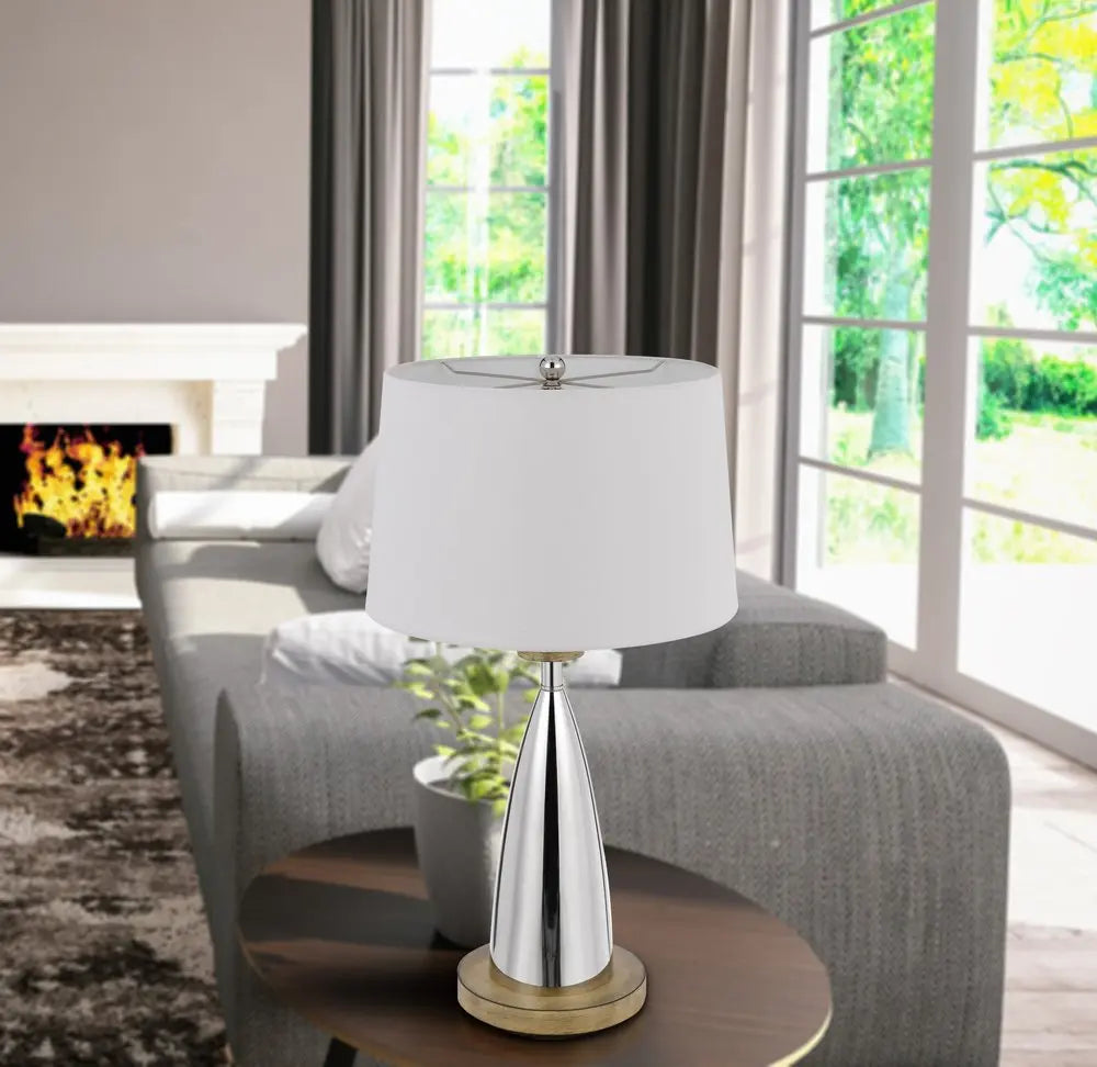 31" Brown Metal Geometric USB Table Lamp With White Empire Shade HomeRoots