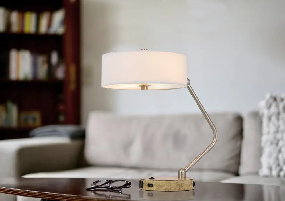 20" Brown Metal Two Light Lantern Desk USB Table Lamp With White Drum Shade HomeRoots