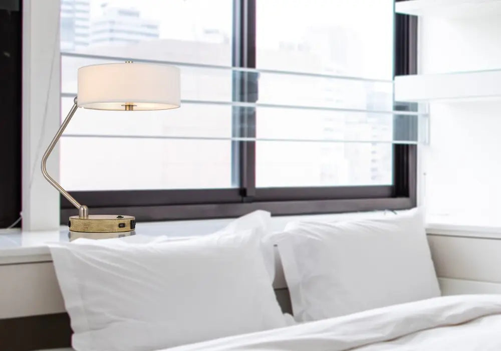 20" Brown Metal Two Light Lantern Desk USB Table Lamp With White Drum Shade HomeRoots