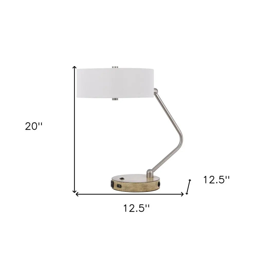 20" Brown Metal Two Light Lantern Desk USB Table Lamp With White Drum Shade HomeRoots