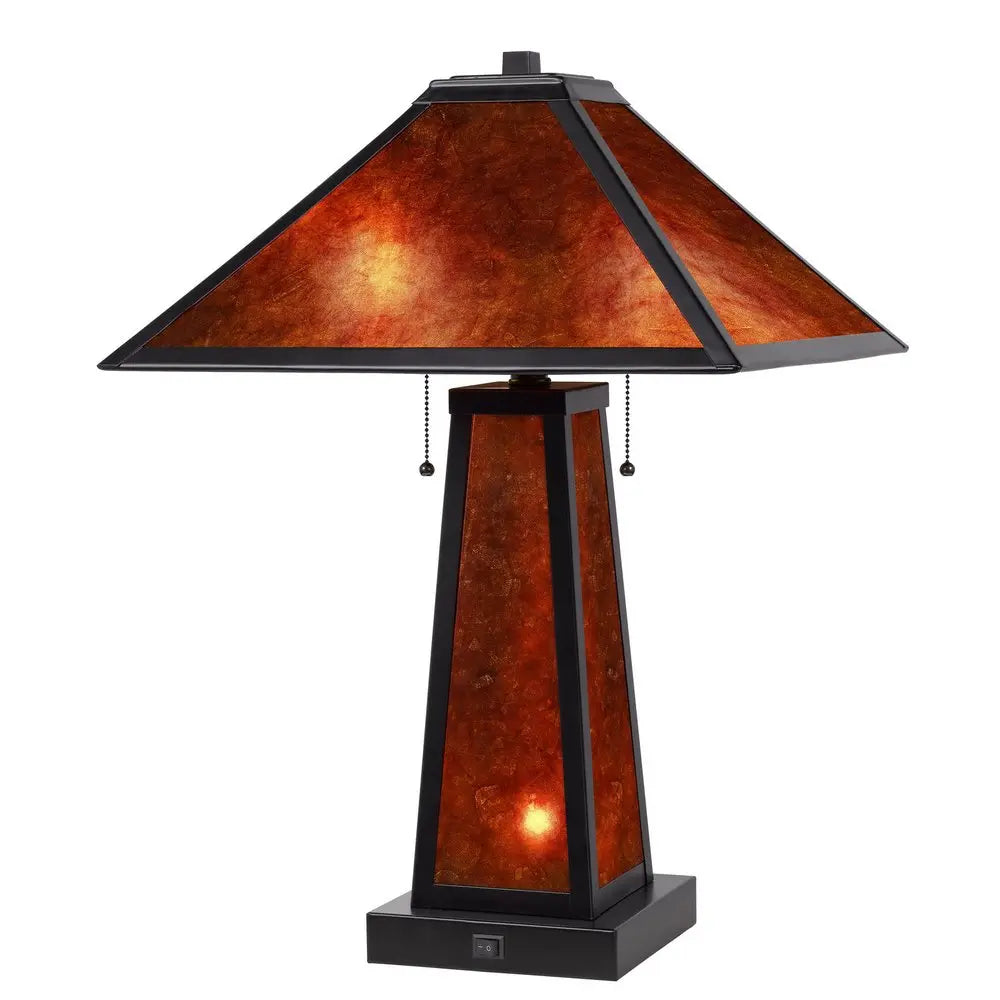 24" Burnt Orange Metal Two Light Table Lamp With Amber Square Shade HomeRoots