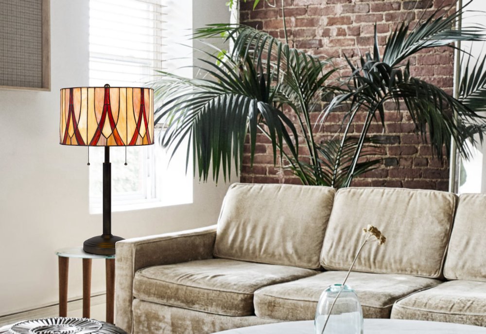 Lámpara de mesa de dos luces de metal bronce de 24" con pantalla de tambor roja y marfil