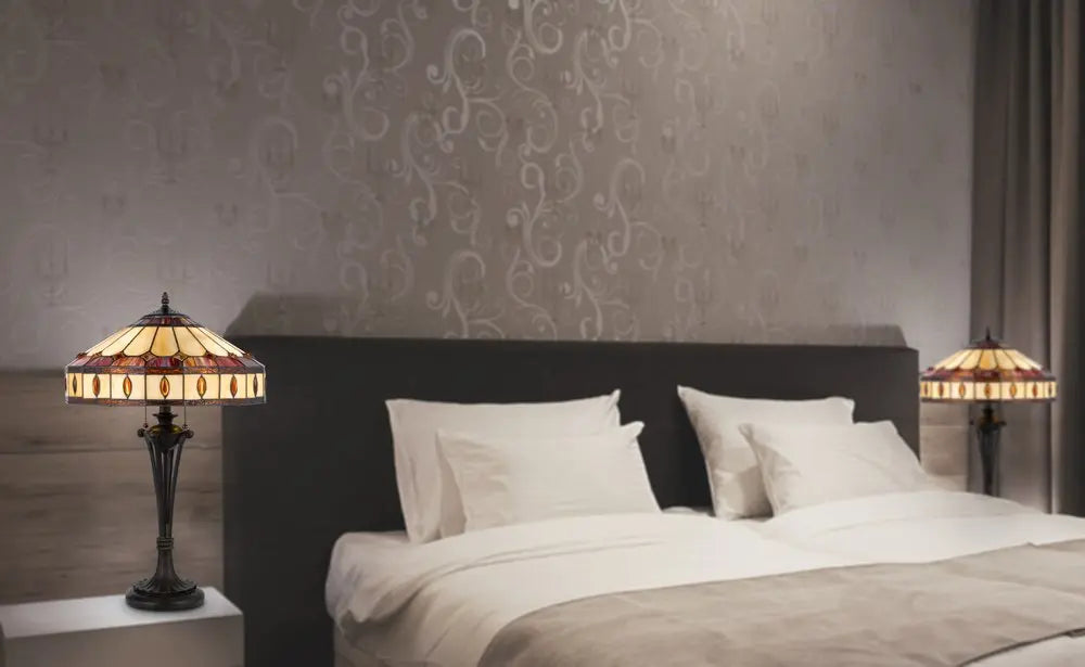 26" Black Metal Two Light Candlestick Table Lamp With Ivory and Red Dome Shade HomeRoots